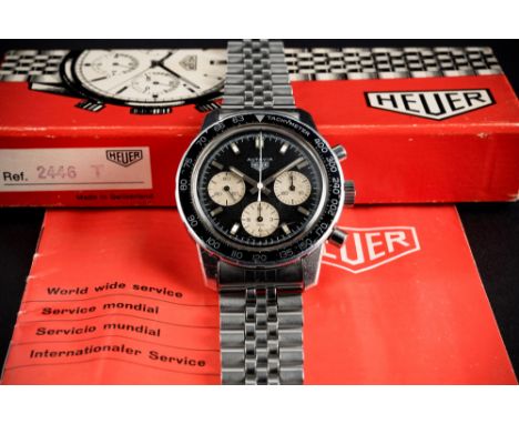 A RARE GENTLEMAN'S STAINLESS STEEL HEUER AUTAVIA CHRONOGRAPH BRACELET WATCH DATED 1968, REF. 2446C / 2446T WITH ORIGINAL BOX 