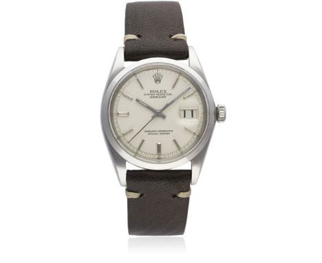 A GENTLEMAN'S STAINLESS STEEL ROLEX OYSTER PERPETUAL DATEJUST WRIST WATCH CIRCA 1968, REF. 1600 D: Silver dial with silver ba