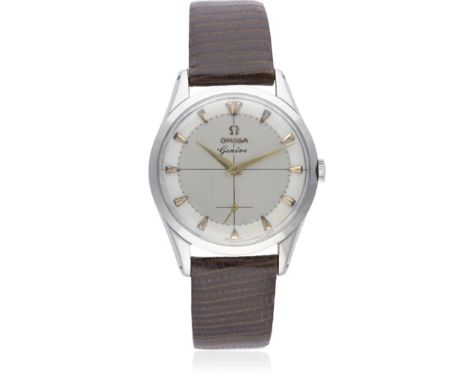 A GENTLEMAN'S STAINLESS STEEL OMEGA GENEVE WRIST WATCH CIRCA 1954, REF. 2750-6 D: Two tone silver crosshair dial with gilt fa