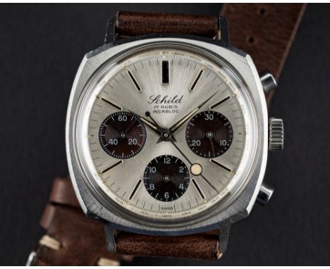 A RARE GENTLEMAN'S STAINLESS STEEL SCHILD "CAMARO" CHRONOGRAPH WRIST WATCH CIRCA 1970  D: Silver "panda" dial with silver bat