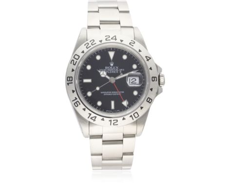 A GENTLEMAN'S STAINLESS STEEL ROLEX OYSTER PERPETUAL DATE EXPLORER II BRACELET WATCH CIRCA 1996, REF. 16570
D: Black dial wit