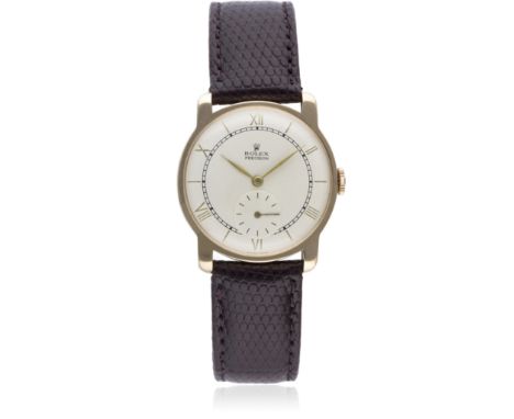 A GENTLEMAN'S 9CT SOLID ROSE GOLD ROLEX PRECISION WRIST WATCH CIRCA 1950s, REF. 4439  D: Silver dial with gilt Roman numerals