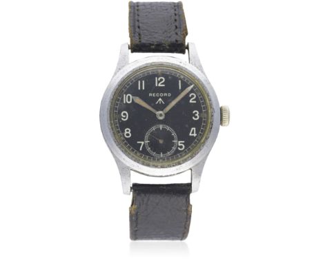 A RARE GENTLEMAN'S MILITARY RECORD WRIST WATCH CIRCA 1940s  D: Black dial with Arabic numerals, luminous markers & "sword" ha