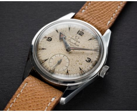 A RARE GENTLEMAN'S STAINLESS STEEL OMEGA RANCHERO WRIST WATCH CIRCA 1958, REF. 2990 1  D: Silver dial with quarterly Arabic n