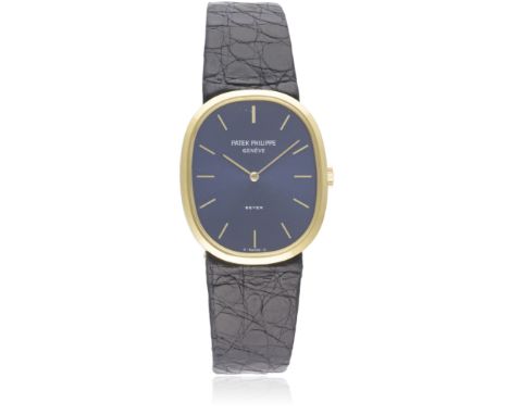 A GENTLEMAN'S 18K SOLID GOLD PATEK PHILIPPE ELLIPSE WRIST WATCH CIRCA 1970s, REF. 3748 RETAILED BY BEYER D: Blue sunburst dia