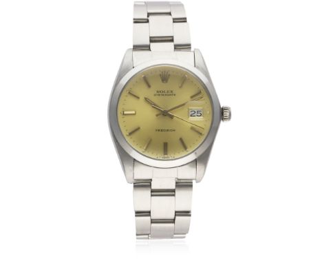 A GENTLEMAN'S STAINLESS STEEL ROLEX OYSTERDATE PRECISION BRACELET WATCH CIRCA 1984, REF. 6694  D: Champagne dial with gilt ba