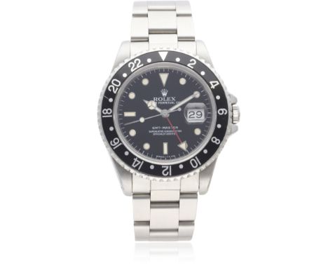 A GENTLEMAN'S STAINLESS STEEL ROLEX OYSTER PERPETUAL DATE GMT MASTER BRACELET WATCH CIRCA 1989, REF. 16700
D: Gloss black dia