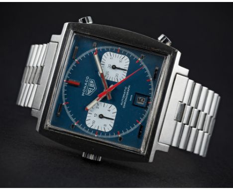 A VERY RARE GENTLEMAN'S STAINLESS STEEL HEUER MONACO "STEVE MCQUEEN" AUTOMATIC CHRONOGRAPH BRACELET WATCH CIRCA 1970s, REF. 1