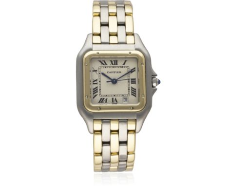 A GENTLEMAN'S STEEL & GOLD CARTIER PANTHERE BRACELET WATCH CIRCA 1990s, REF. 183949D: Silver dial with Roman numerals & inner