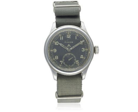 A GENTLEMAN'S STAINLESS STEEL BRITISH MILITARY TIMOR W.W.W. WRIST WATCH CIRCA 1940s, PART OF THE "DIRTY DOZEN" D: Black dial 