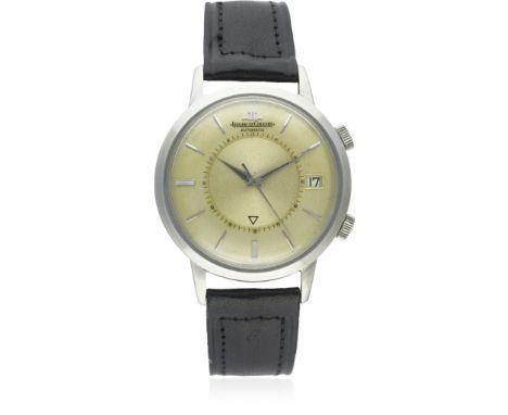 A GENTLEMAN'S STAINLESS STEEL JAEGER LECOULTRE MEMOVOX AUTOMATIC ALARM WRIST WATCH CIRCA 1960s D: Silver dial with silver bat