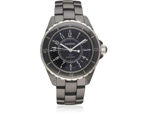 A GENTLEMAN'S SIZE BLACK CERAMIC CHANEL J12 AUTOMATIC BRACELET WATCH CIRCA 2010 D: Black dial with Arabic numerals & inner mi