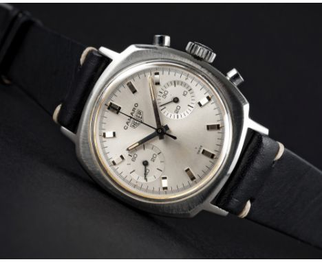 A GENTLEMAN'S STAINLESS STEEL HEUER CAMARO CHRONOGRAPH WRIST WATCH CIRCA 1970, REF. 7743  D: Silver dial with faceted silver 