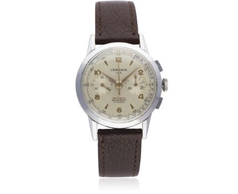 A GENTLEMAN'S LEMANIA 105 CHRONOGRAPH WRIST WATCH CIRCA 1950s   D: Silver dial with bi-hourly gilt Arabic numerals & markers,