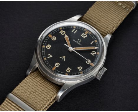 A VERY RARE GENTLEMAN'S STAINLESS STEEL BRITISH MILITARY OMEGA RAF "THIN ARROW" PILOTS WRIST WATCH DATED 1953, REF. 2777-1 SC