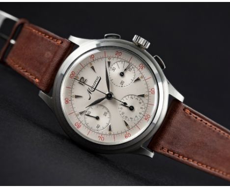 A RARE GENTLEMAN'S STAINLESS STEEL MINERVA DECIMAL CHRONOGRAPH WRIST WATCH CIRCA 1950s D: Silver dial with silver "dagger" ba