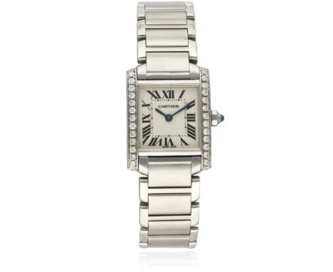 A LADIES STAINLESS STEEL CARTIER TANK FRANCAISE BRACELET WATCH CIRCA 2000s, REF. 2301D: Silver dial with Roman numerals & inn