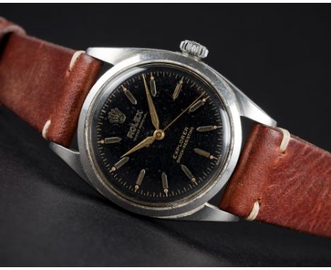 AN EXTREMELY RARE GENTLEMAN'S STAINLESS STEEL ROLEX OYSTER PERPETUAL EXPLORER WRIST WATCH CIRCA 1954, REF. 6352 D: Gloss blac