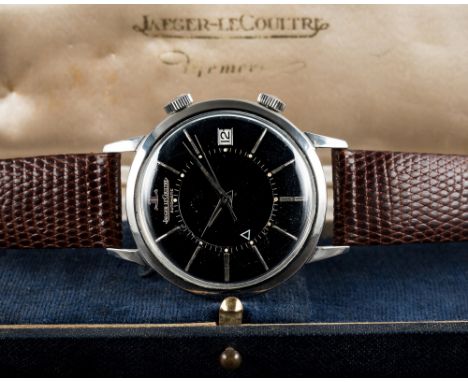 A RARE GENTLEMAN'S STAINLESS STEEL JAEGER LECOULTRE MEMOVOX AUTOMATIC ALARM WRIST WATCH CIRCA 1960s WITH ORIGINAL BOX D: Blac