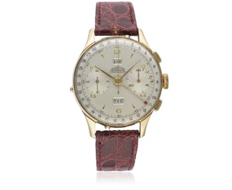 A GENTLEMAN'S GOLD PLATED ANGELUS CHRONODATO TRIPLE CALENDAR WRIST WATCH CIRCA 1940s D: Silver dial with bi-hourly gilt Arabi
