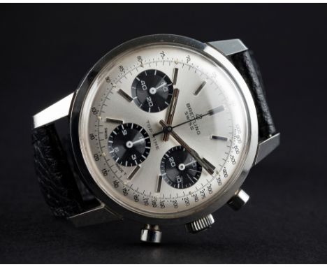 A RARE GENTLEMAN'S STAINLESS STEEL BREITLING TOP TIME CHRONOGRAPH WRIST WATCH CIRCA 1960s, REF. 810 D: Silver "panda" dial wi