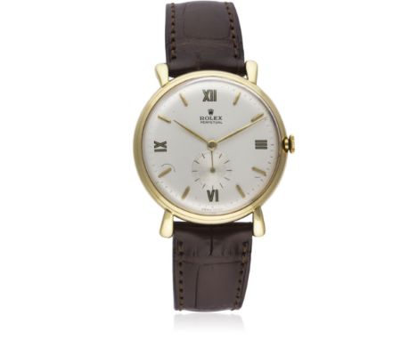 A RARE GENTLEMAN'S LARGE 18K SOLID GOLD ROLEX PERPETUAL WRIST WATCH CIRCA 1950, REF. 4134  D: Silver dial with gilt batons & 