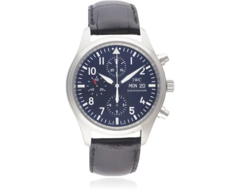 A GENTLEMAN'S STAINLESS STEEL IWC FLIEGERUHR CHRONOGRAPH WRIST WATCH CIRCA 2010, REF. 3717  D: Black dial with Arabic numeral