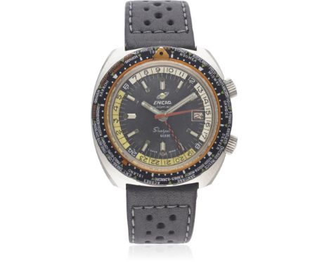 A GENTLEMAN’S STAINLESS STEEL ENICAR SHERPA GUIDE 600 GMT AUTOMATIC WRIST WATCH CIRCA 1960s, REF. 148-35-01 D: Black dial wit