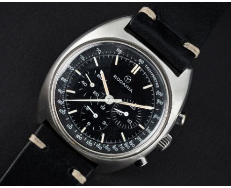 A RARE GENTLEMAN'S STAINLESS STEEL RODANIA CHRONOGRAPH WRIST WATCH CIRCA 1970 D: Black dial with luminous markers, triple reg