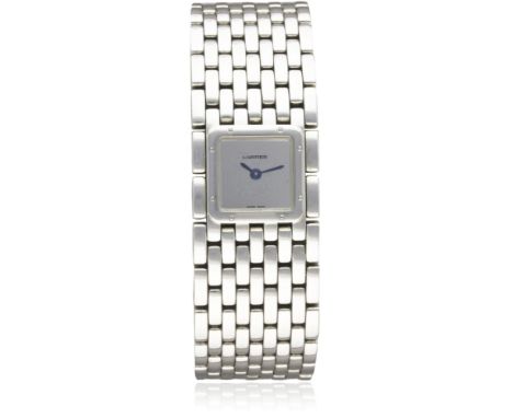 A LADIES STAINLESS STEEL CARTIER PANTHERE RUBAN BRACELET WATCH CIRCA 2002, REF. 2420  D: Silver 'mirrored' dial with blue ste