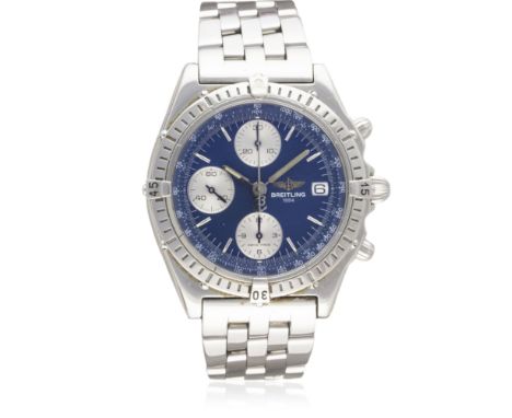 A GENTLEMAN'S STAINLESS STEEL BREITLING CHRONOMAT AUTOMATIC CHRONOGRAPH BRACELET WATCH CIRCA 1990s, REF. A13050 D: Blue dial 