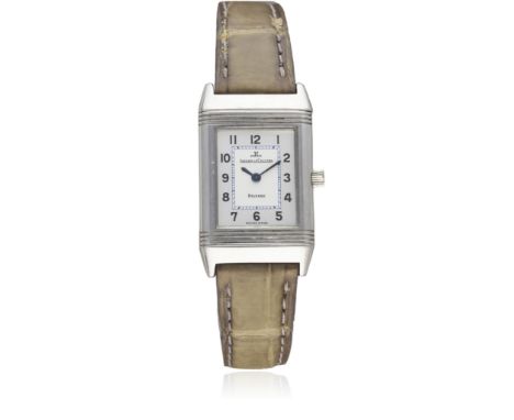 A LADIES STAINLESS STEEL JAEGER LECOULTRE REVERSO WRIST WATCH CIRCA 1990s, REF. 260.8.08 D: Two tone silver dial with black A