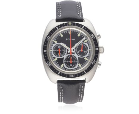 A GENTLEMAN'S STAINLESS STEEL ROVINA DIVERS CHRONOGRAPH WRIST WATCH CIRCA 1970s  D: Black & white dial with luminous markers,