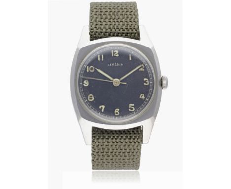 A GENTLEMAN'S STAINLESS STEEL LEMANIA CZECH MILITARY PILOTS WRIST WATCH CIRCA 1940s  D: Black dial with luminous Arabic numer
