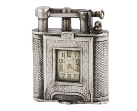 A RARE SOLID SILVER DUNHILL UNIQUE WATCH LIGHTER CIRCA 1930, REF. 821 D: Silver dial with gilt Arabic numerals. M: 15 jewel m