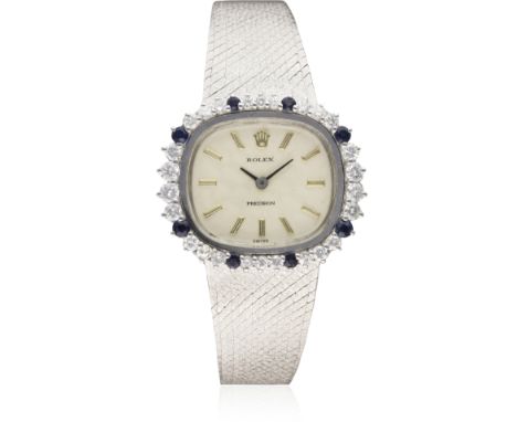 A FINE LADIES 18K SOLID WHITE GOLD, SAPPHIRE & DIAMOND ROLEX PRECISION BRACELET WATCH CIRCA 1979 D: Silver crosshatched dial 