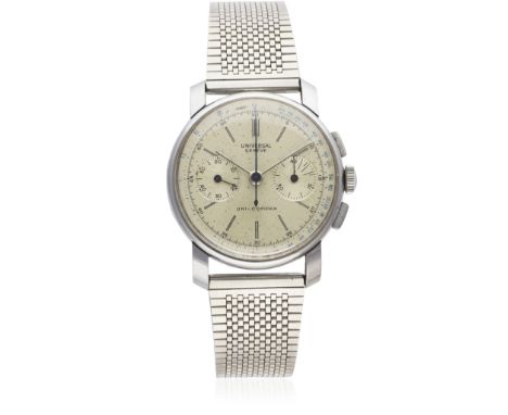 A GENTLEMAN'S STAINLESS STEEL UNIVERSAL GENEVE UNI COMPAX CHRONOGRAPH WRIST WATCH CIRCA 1940s D: Silver dial with mirrored ho
