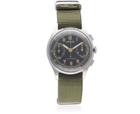A RARE GENTLEMAN'S STAINLESS STEEL ANGELUS ANTIMAGNETIC CHRONOGRAPH WRIST WATCH CIRCA 1940s D: Gloss black gilt dial with lum