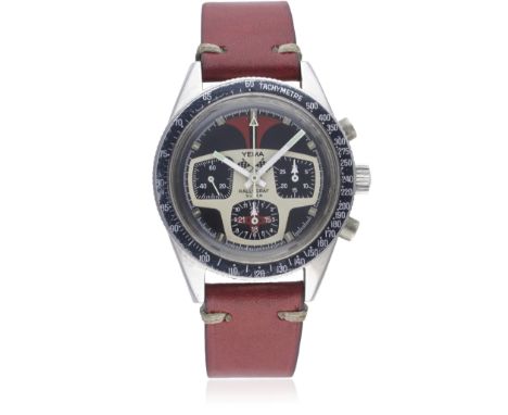 A RARE GENTLEMAN’S STAINLESS STEEL YEMA RALLYGRAF SUPER CHRONOGRAPH WRIST WATCH CIRCA 1969 D: Black, silver & red dial with c