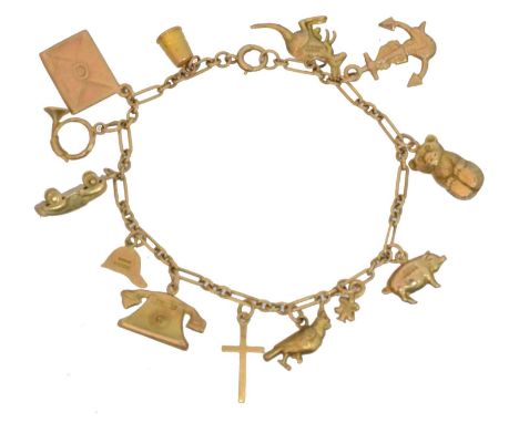 A charm bracelet, A charm bracelet, the fancy trace link bracelet with spring clasp, suspending thirteen charms to include a 