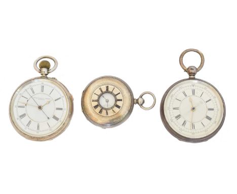 Three silver pocket watches, Three silver pocket watches, to include a half hunter fob watch, together with two open face poc