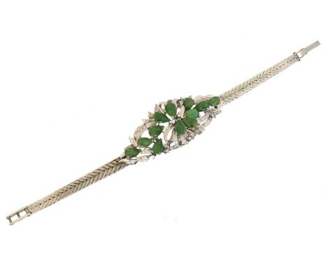 A jade and diamond bracelet, A jade and diamond bracelet, the pear shape jade cabochon and single cut diamond cluster with fa