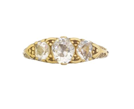 A diamond three stone ring, A diamond three stone ring, the old cut diamond line within shared claw settings, estimated total