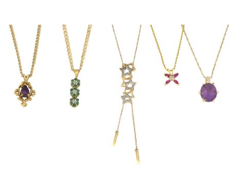 Five 9ct gold gem set pendants, Five 9ct gold gem set pendants, to include an amethyst and diamond pendant, a synthetic ruby 