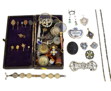 A selection of jewellery,   A selection of jewellery, to include nine stickpins, cameo brooch, silver chain, enamel necklace,