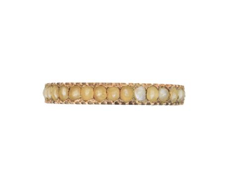 A split pearl band ring, A split pearl band ring, ring size J1/2, gross weight 1.4g. Overall condition fairRepairwork to insi