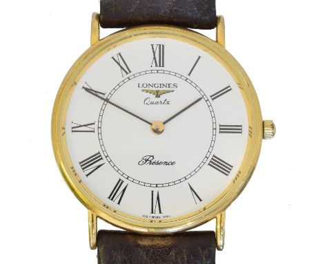 A 9ct gold Longines Presence quartz wristwatch,  A 9ct gold Longines Presence quartz wristwatch, ref. 3797 150, the signed di