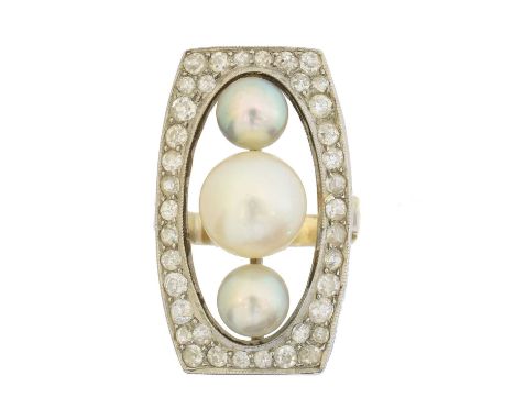 A cultured pearl and diamond dress ring, A cultured pearl and diamond dress ring, the cultured pearl trio within an old cut d