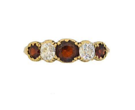 A garnet and diamond five stone ring, A garnet and diamond five stone ring, the circular shape garnet and old cut diamond lin