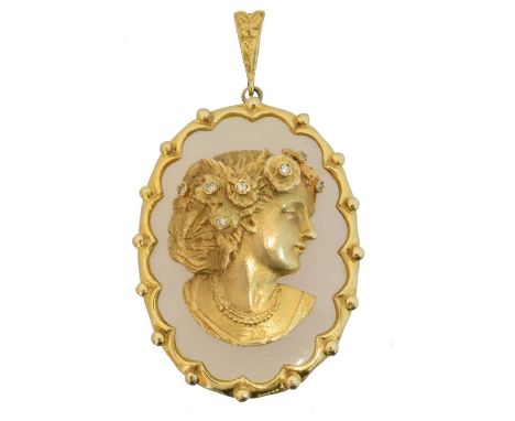 A 9ct gold agate and diamond pendant, A 9ct gold agate and diamond pendant, the oval agate panel with gold and diamond set pr